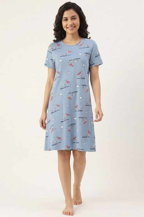 Buy Zivame Farm Lore Knit Cotton Knee Length Nightdress - Ashley Blue